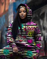 Women's Big & Tall 2 Piece Sweatsuit Kiss Love Stripe Hoodie Pants Set